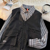 2 Pcs Shirts Men Japanese Style Vintage Striped Tops Casual Unisex Harajuku Cozy Fashion Long Sleeve Classic Рубашки Hombre