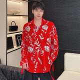 Personality Velvet Male Shirts Lace-up Sequin Embroidery Turn-down Collar Contrast Color Men's Long Sleeve Tops Tide 