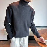 New Korean Retro Men Basic Sweater Luxury Knit Solid Color Turtleneck Long Sleeve Pullover Casual Textured High Quality Knitwear