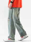 Wide Leg Jeans Men Hole Japanese Style Washed Loose Ankle Length Spring Bleached Ripped High Waist Youthful Vitality Stylish