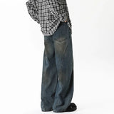 Men Wide Leg Jeans Dark Blue Patchwork High Street Washed Vintage Denim trousers men Loose Trendy Streetwear Oversized