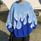Men's Knitted Gradient Fire Round Neck Sweater High Street Couple Knitwear Autumn Winter Loose Long Sleeves Jacket Pullover Tops