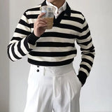 American Chic Striped Men Polo Sweater Luxury Trendy Business V Neck Knit Solid Color Pullover Leisure Slim Long Sleeve Knitwear