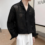 New Chic Men Hollow Out Cardigan Tops Light Luxury Korean Style Long Sleeve Shirts Casual Retro Solid Color Button-down Blouse
