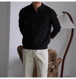 Men's American Retro Polo Sweater Luxury Trendy Business V Neck Knit Solid Color Pullover Leisure Slim-fit Long Sleeve Knitwear