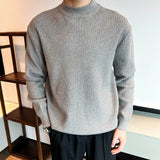 New Korean Retro Men Basic Sweaters Luxury Knit Solid Color Mock Neck Long Sleeve Pullover Casual Textured High Quality Knitwear