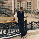 New Korean Fashion Polo Neck Men Sweater Vest Light Luxury Retro Business Knitted Sleeveless Waistcoats Leisure Premium Knitwear