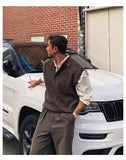 New Korean Fashion Polo Neck Men Sweater Vest Light Luxury Retro Business Knitted Sleeveless Waistcoats Leisure Premium Knitwear