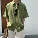 Summer Thin Shirts Mens Solid Color Short Sleeve Loose Handsome Fashion Casual Streetwear All-match Men's Clothing Green/White
