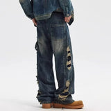 Spring Men's Ripped Wide-leg Distressed Jeans New Hip Hop Skateboard Denim Pants Y2K Vintage Streetwear Jean Trousers
