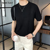 Summer Casual Mens Short Sleeve T-shirts Stretch Slim Fit Crew Neck Pullover Top For Men Fashion Ribbed Solid Color T Shirt