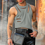 Men T Shirt Solid Color O-neck Short Sleeve Hollow Out Irregular Vests Streetwear Sexy Fashion Summer Men Clothing
