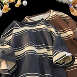 M-3XL Vintage T-shirts Men Striped Y2k Tops Baggy Round Neck Korean Fashion Couple Clothes Teens Chic Handsome Camisetas Summer