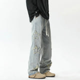 Star Embroidered Men's Jeans Baggy Straight Elastic Waist Denim Pants Fashion High Street Hip Hop Streetwear Y2K Male Trousers