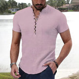 Men's Linen Cotton Short Sleeve T-shirt Solid Color  V-neck Button Tops Male Casual Clothing Trendy Dailywear Lightweight Tees