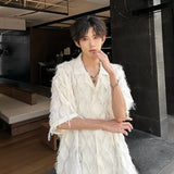 Men Loose Short Sleeve Shirt Small Suit Collar Diamond Frayed Edges Unique Design Casual Trendy Mens Fashion Boho Chic Style