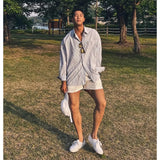 Unisex Oversized Striped Shirt Coat Men's Long Sleeve Casual Loose Fit Fashion Japanese Korean Style Sun Protection Clothing