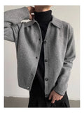 New Korean Fashion Men Cardigan Jacket Light Luxury Knitted Polo Neck Long Sleeve Sweater Coat Casual Retro Solid Color Knitwear