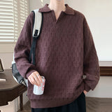Korean Style Men's Polo Sweater Light Luxury Textured V-neck Knit Long Sleeve Pullover Autumn Casaul Trendy Male Clothing M-3XL