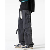 Stylish Hip Hop Baggy Jeans Men Big Pocket Ribbons Wide Leg Oversized Long Cargo Pants Drawstring Casual Mens Clothing Black