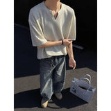 Summer Short Sleeved T-shirt Men Fashion Casual V-neck T Shirt Men Streetwear Korean Loose Pleated T Shirt Mens Top Plus Size