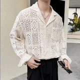 New Chic Men Hollow Out Cardigan Tops Light Luxury Korean Style Long Sleeve Shirts Casual Retro Solid Color Button-down Blouse