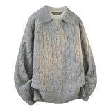 Korean Luxury Jacquard Men Polo Sweater Loose V Neck Knit Solid Color Pullover Casual Premium Quality Long Sleeve Knitwear M-3XL