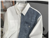 Japanese High-end Denim Jacket Spliced Long-sleeved Shirt Men's Niche Design Sense High Street Couple Loose Casual White Shirt