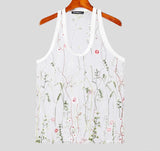 Men Tank Tops Mesh Embroidery O-neck Sleeveless Summer Male Vests Transparent Streetwear Fashion Men Clothing S-5XL