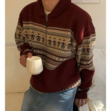 American style autumn and winter street fashion half zipper polo sweater for couples loose retro red Harajuku knit top y2k