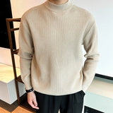 New Korean Retro Men Basic Sweaters Luxury Knit Solid Color Mock Neck Long Sleeve Pullover Casual Textured High Quality Knitwear