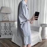 Shirts Shorts Sets Men Striped Design Simple Fashion Ulzzang Oversize Summer New Popular Loose Breathable Student Notched Casual
