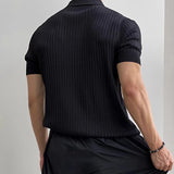 Casual Mens Knitted Polo Shirts Spring Summer Fashion Ribbed Solid Color Knit Tops Men Leisure Short Sleeve Knitting Jumper