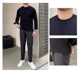 New Autumn Fashion Men T-shirt Light Luxury Solid Color Long Sleeve Tops Leisure Streetwear Casual O Neck Basic Shirts M-3XL