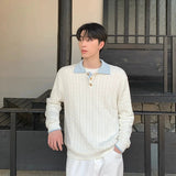 Fashion Patchwork Men Polo Sweater Light Luxury Japanese Popular Knitwear Premium Quality Long Sleeve Pullover Trendy Streetwear