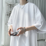 Ice Silk Striped Oversized Cool T Shirts Men Summer Half Sleeve Fashion Harajuku T-Shirt Male Solid Simple Daily Casual Tees