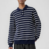 New American Trendy Men Polo Neck Sweaters Light Luxury Striped Knit Long Sleeve Pullover Tops High Quality Loose Knitwear M-3XL