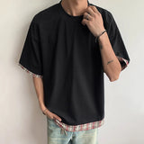 Men's Short Sleeve T-shirts New Summer Plaid Flanging Design Fake Two-piece Solid Color Trendy Male Pullover Tops