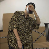 Trendy Vintage Street Style Men's Shirt Original Harajuku Hong Kong Fashion Summer Loose Fit Couple Shirt Leopard Printing
