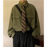 Long Sleeve Shirt Men Fashion Social Mens Dress Shirt Korean Loose Green Black Shirts Mens Pocket Tooling Shirt  Plus Size 4XL