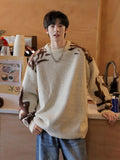 Korean street style men and women trendy personality contrasting color round neck sweater couple winter loose casual knitted top