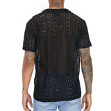 Men's Short-Sleeve Hollow-Out Lace Shirt Single Breasted Lapel Perspective  Shirt Top