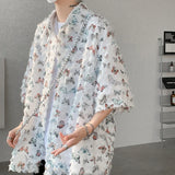 Summer Butterfly Tassel Splice Shirt Men Loose Casual Floral Short Sleeve Shirts Women Oversize Streetwear Boy Girl Blouses