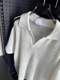 Mens Hollow Out Mesh Knit Tops Summer Stylish Striped Short Sleeve Knitting Polo Shirt For Men Casual Knitted Polo