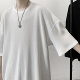 Summer Ice Silk T Shirt for Men Short Sleeve Solid Color Vertical Stripe American Loose Round Neck Half Sleeve Oversized T-shirt