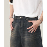 Summer Men Capri Short Jeans Male Fashion Retro Blue Denim Mid Pants Korean Casual Baggy Straight Wide Leg Calf Length Pants