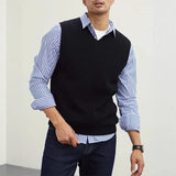 New Popular Preppy Style Men Sweater Vest Casual Knitted Streetwear Solid Color V Neck Waistcoat Leisure High Quality Knitwear