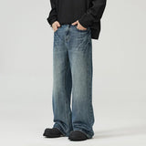 New Fashion Lightning Crack Men's Baggy Straight Jeans Vintage Blue Bootcut Trousers Personality Streetwear Male Denim Pants
