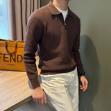 Autumn Casual Men Polo Sweater Light Luxury Zip-up Solid Color Long Sleeve Knitted Pullover Daily Commuting Basic Knitwear M-3XL