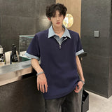 Fake Two Pieces Men's Tees ColorBlock Turn-Down Collar Korean Style Zipper Design Short Sleeve Trendy Loose T-shirts